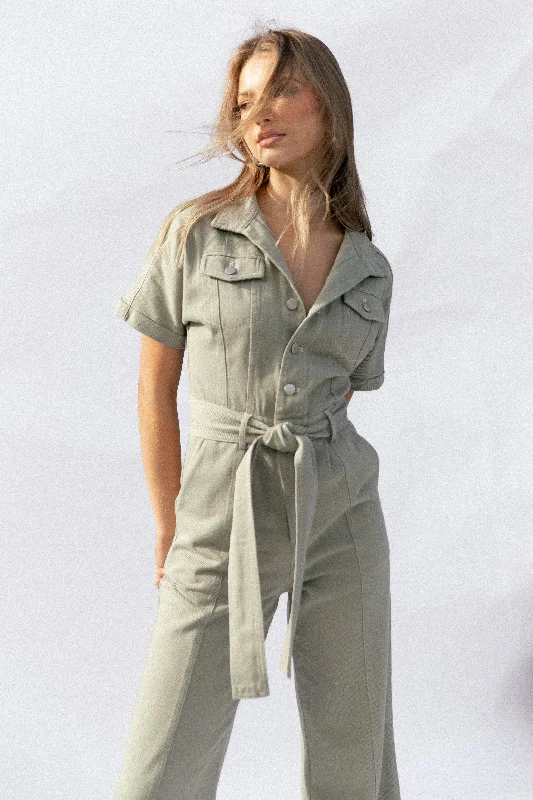 Demi Contrast Stitch Jumpsuit - Olive