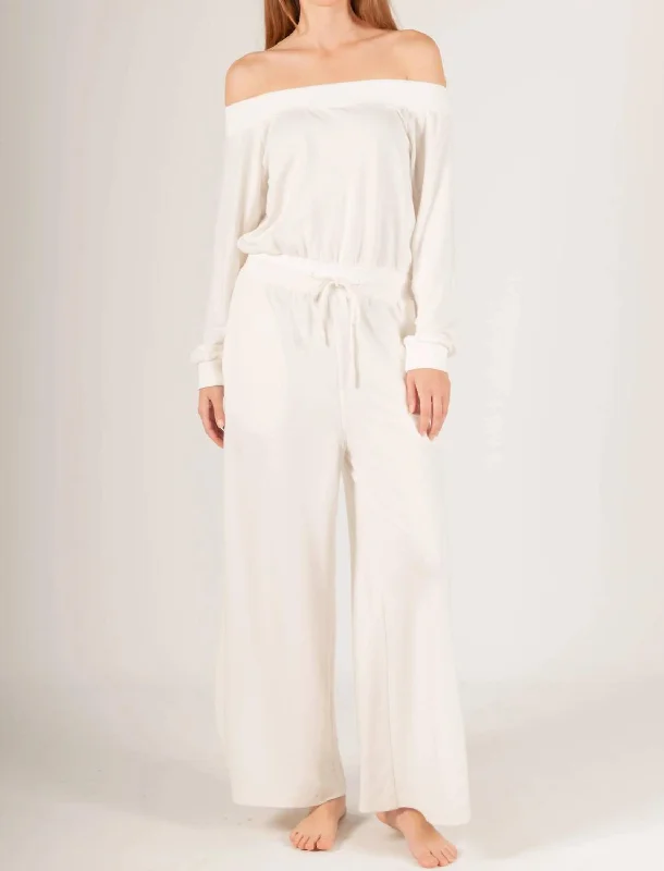 French Terry Off Shoulder Jumpsuit In White